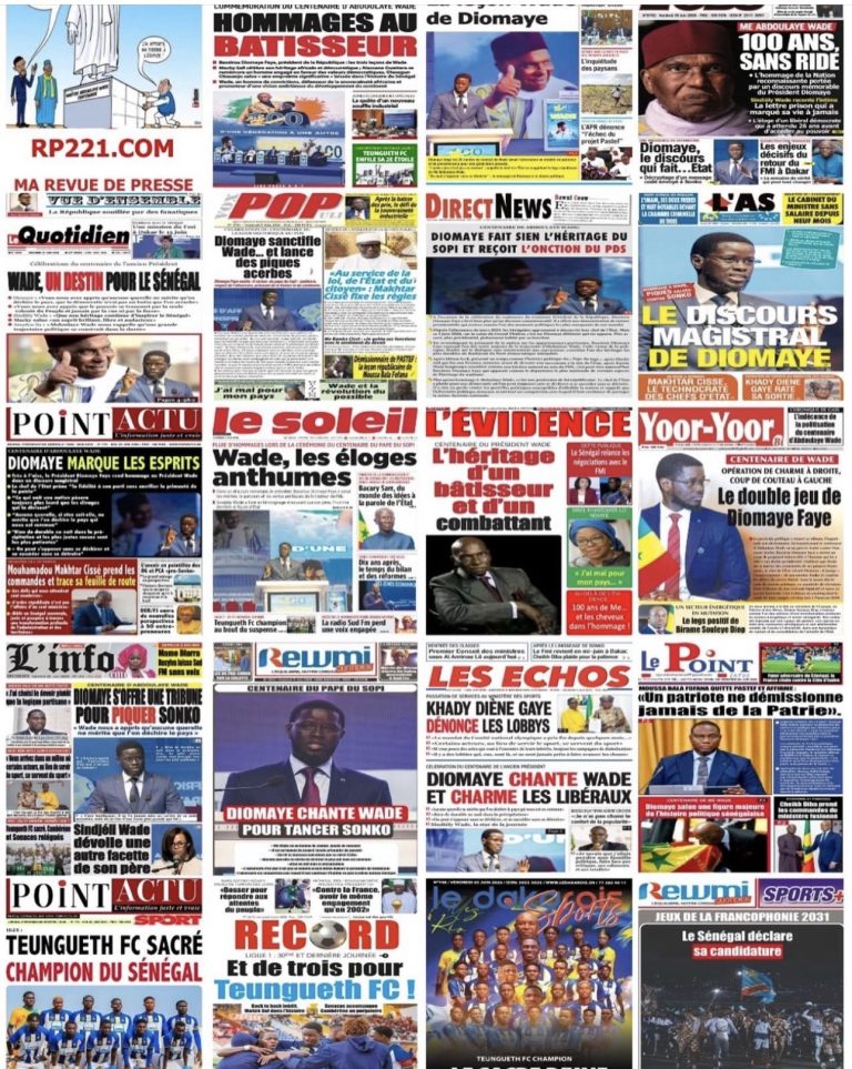 Hommages à Wade, départ de Moussa Bala Fofana de PASTEF, retour annoncé du FMI et sacre de Teungueth FC : les grands sujets du jour.